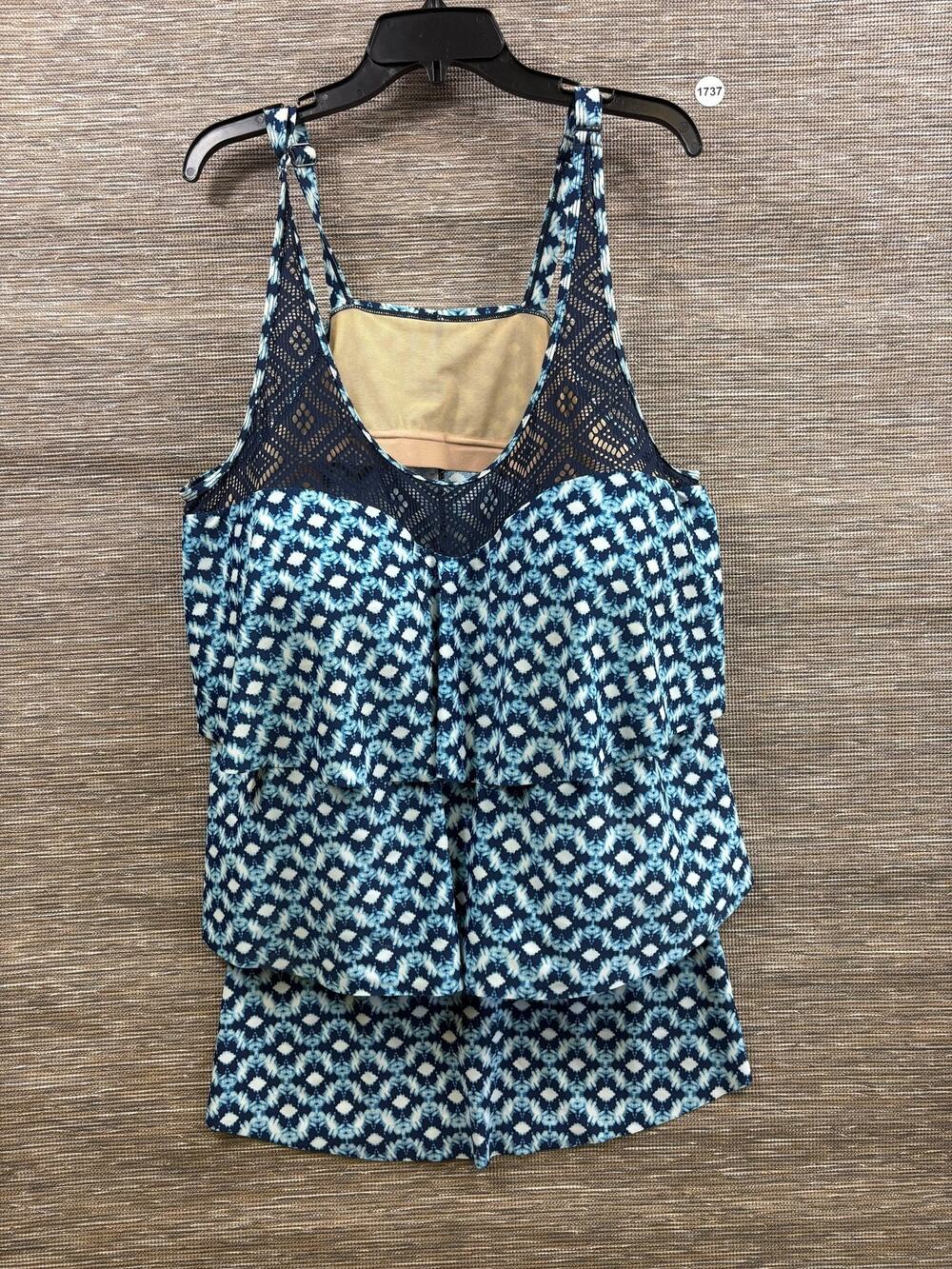 Catherines One Piece Swimsuit Womens 28W Blue Geometric Lace Ruffle Tank Shorts